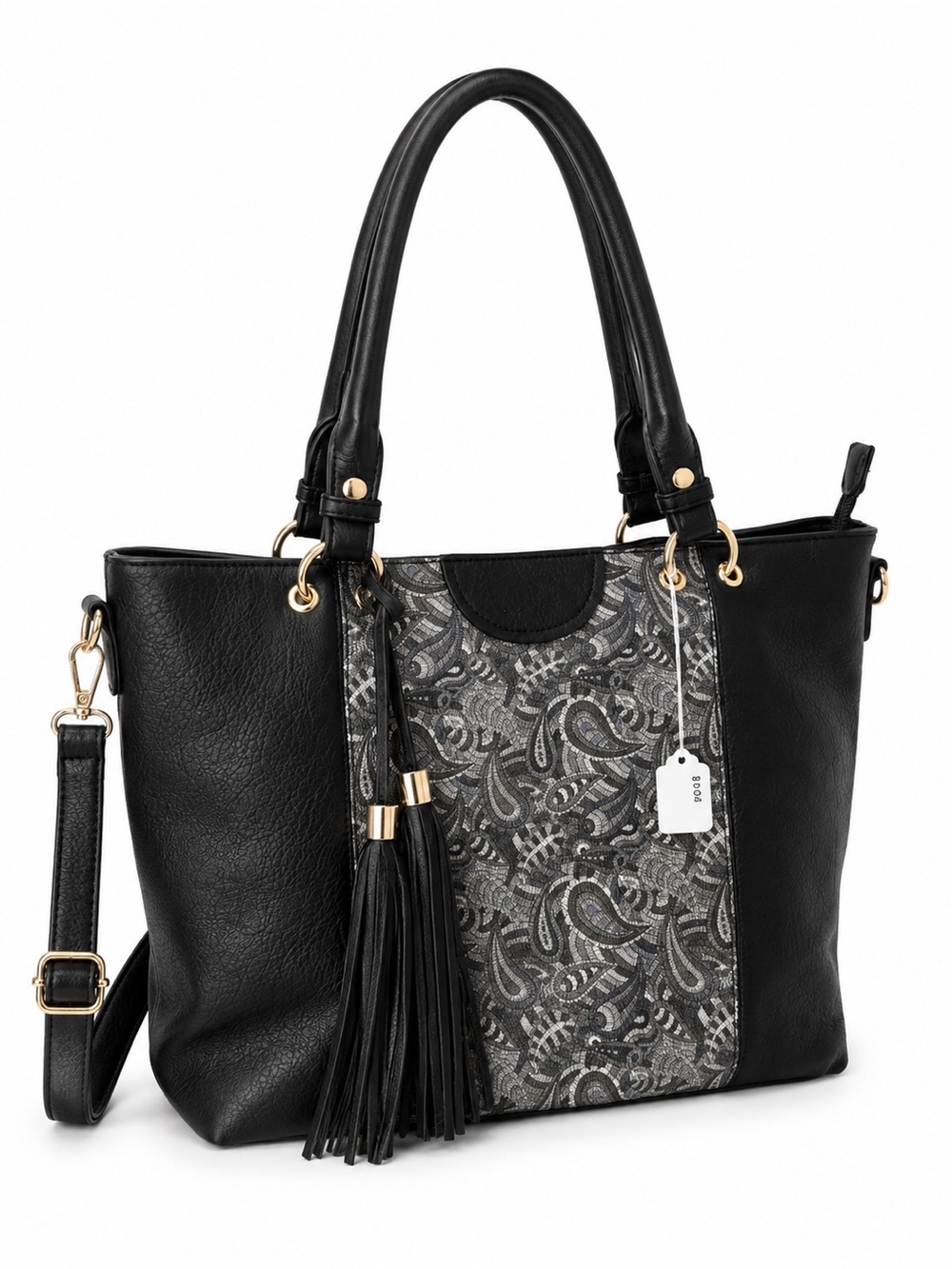 Black Shoulder Tote with Paisley Center Panel and Tassel